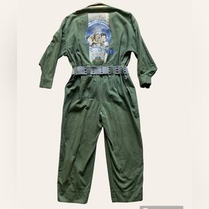 Palmer e Palmer Australia vintage war novelty olive and screenprint jumpsuit L